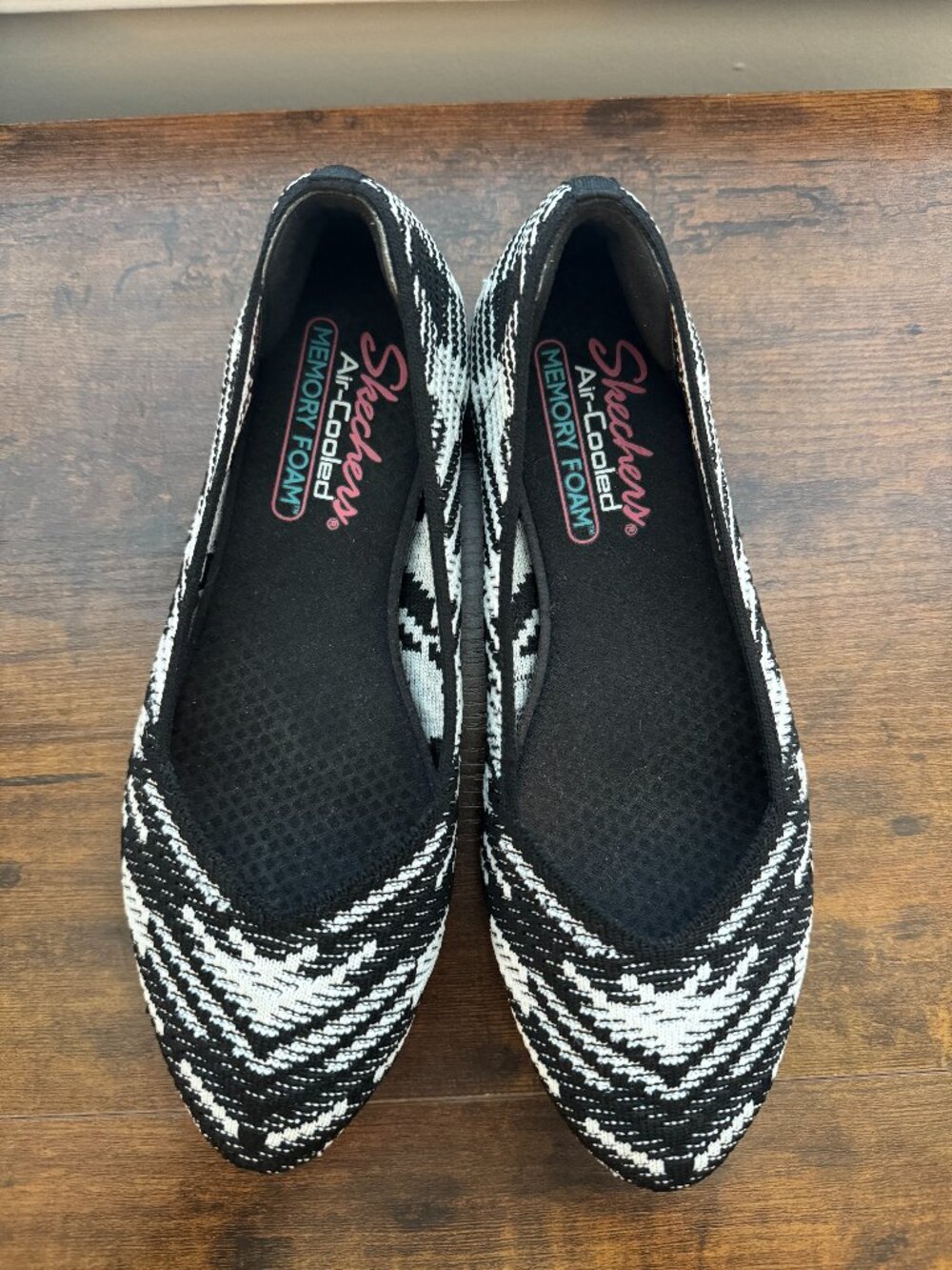 Skechers Air-Cooled Memory Foam Black and White Knit Slip-On Flats